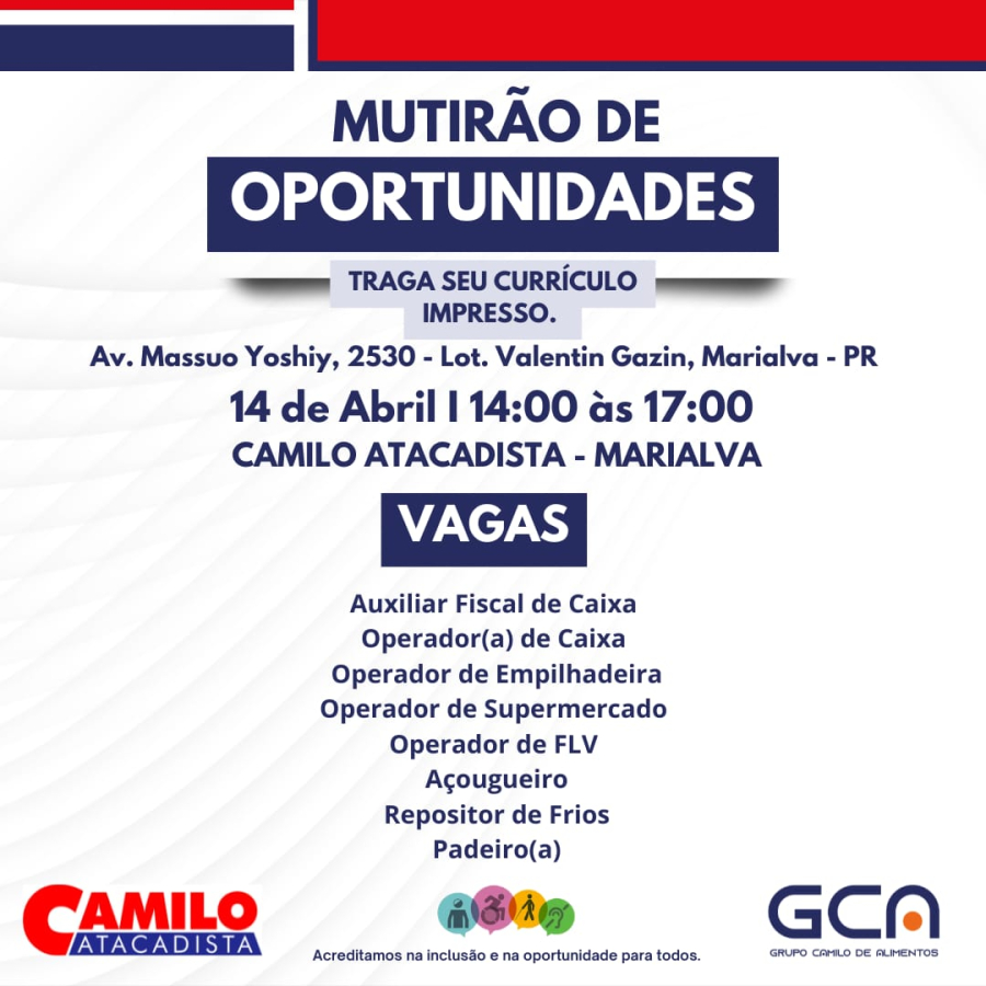 Camilo Atacadista promove mutirão de empregos em Marialva nesta terça-feira (14)