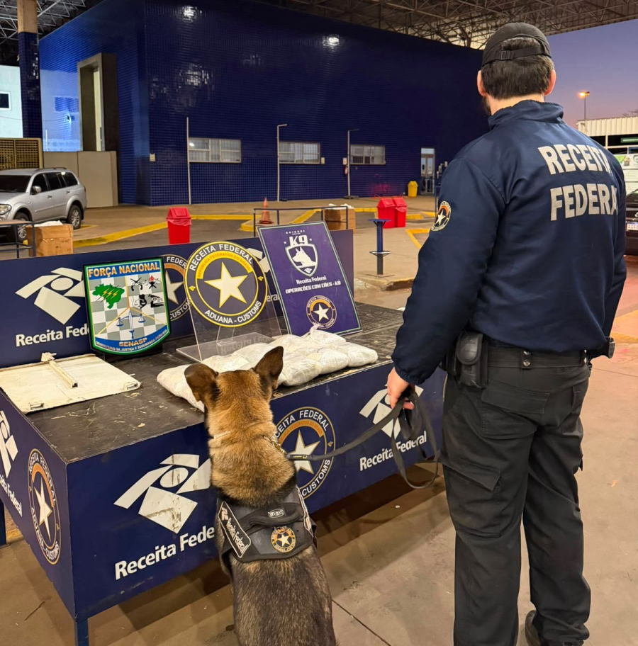 Agente canino Pike auxilia na apreensão de 10,88 kg de substância análoga ao haxixe na Ponte da Amizade