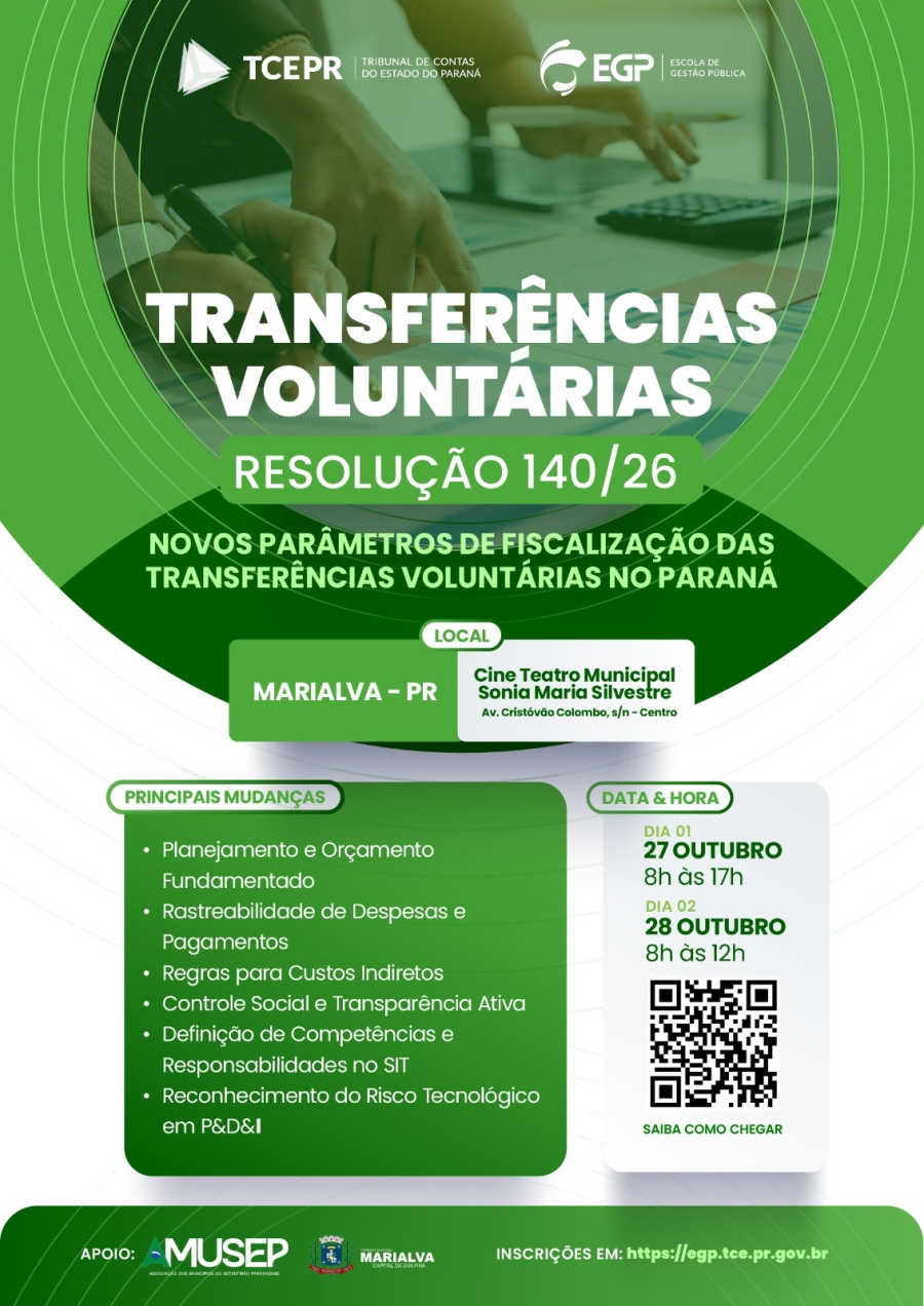 Marialva sedia capacitação do TCE-PR sobre Transferências Voluntárias e Resolução nº 140/26